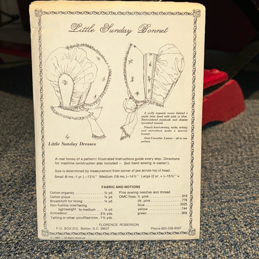 Vintage 1983 Little Sunday Dresses, bonnet pattern. Complete Partially cut.